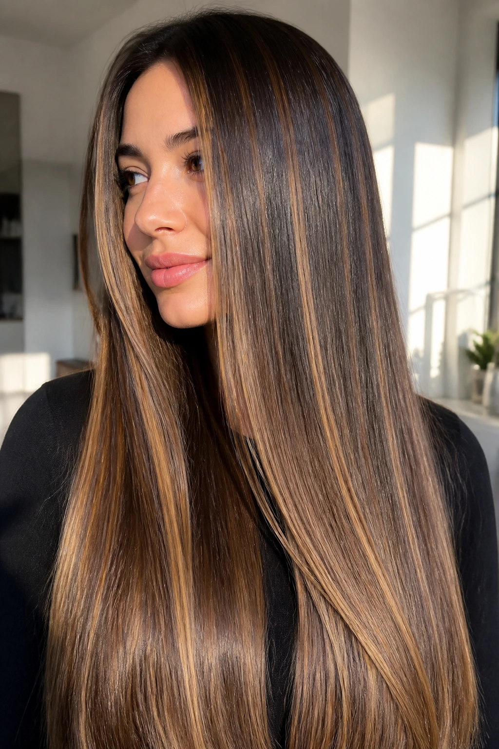 Close-up of long straight hair with vertical caramel strips starting below the chin.