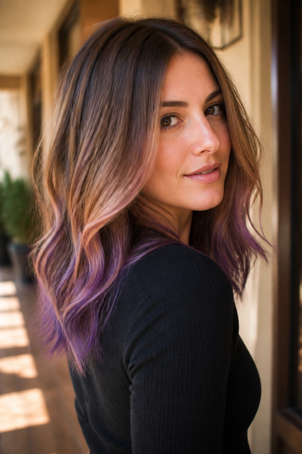 Close-up of a woman with caramel balayage and violet edges