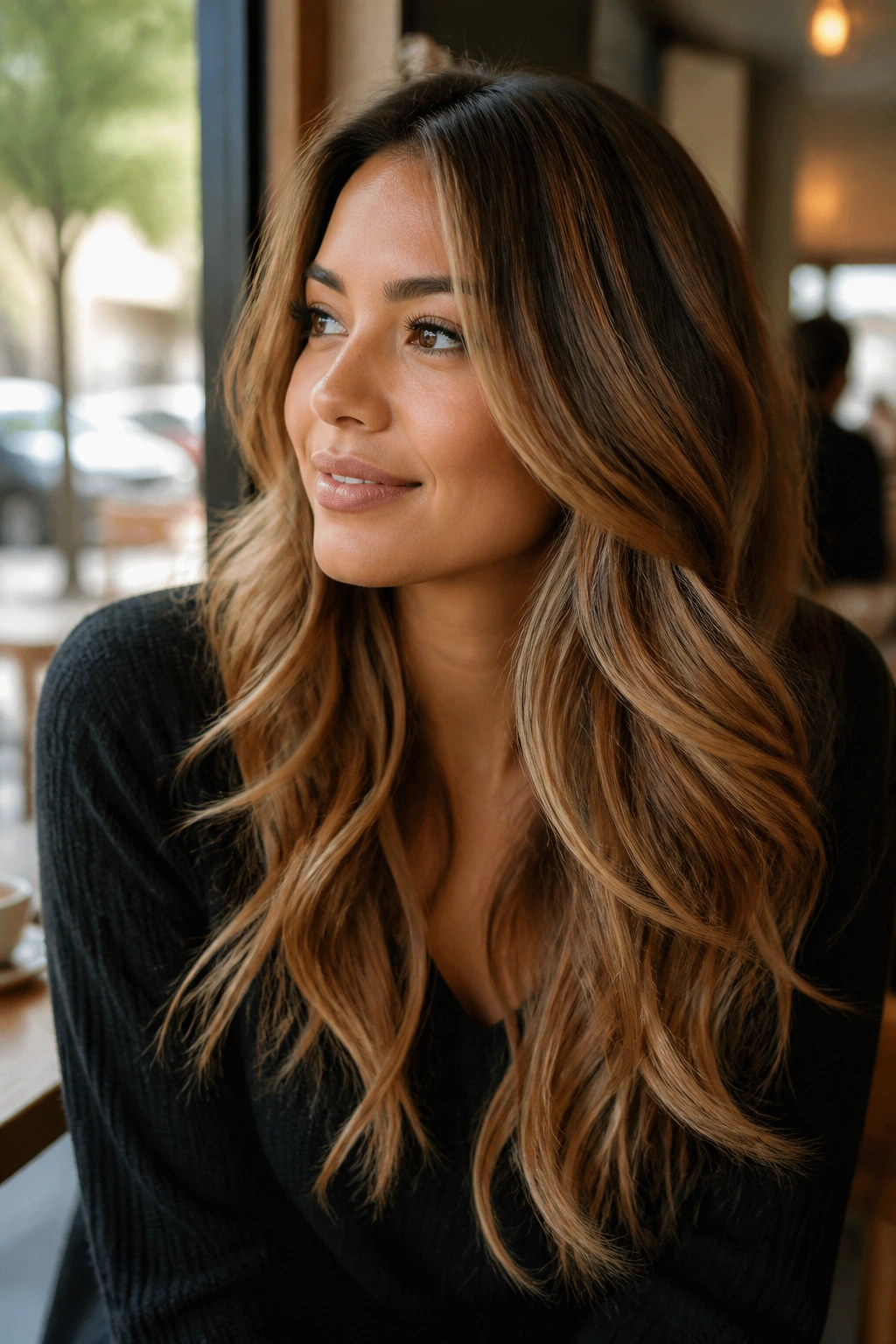 Medium-close portrait showing caramel balayage with sun-kissed ribbons on warm skin.
