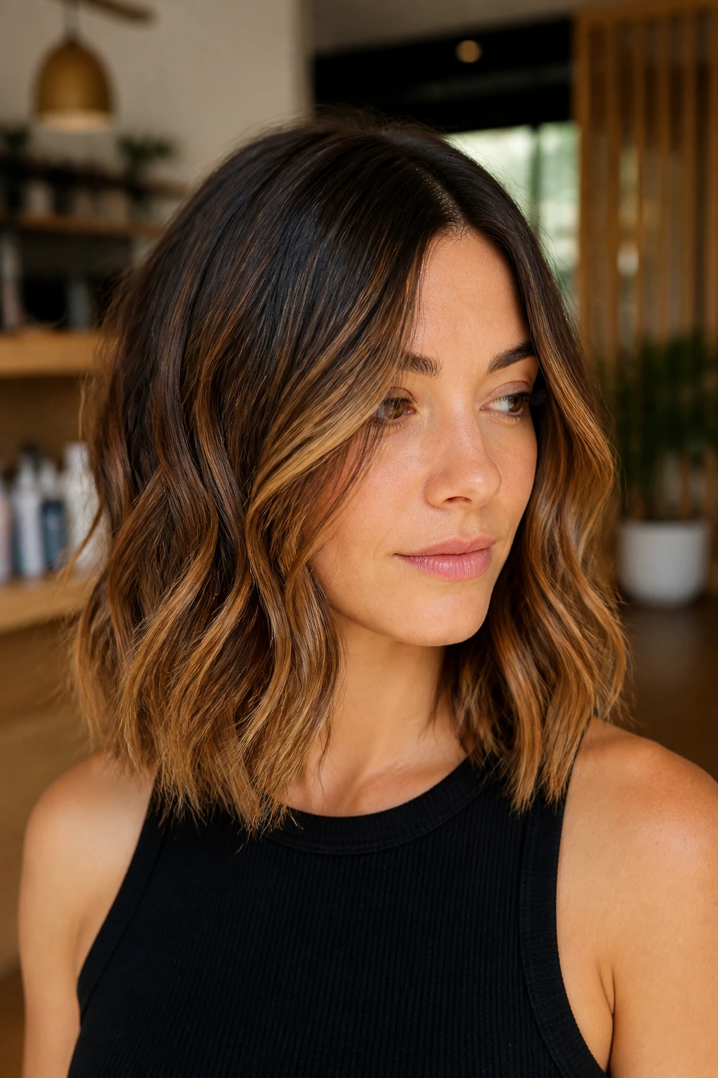 Wavy lob with caramel balayage on brunette hair