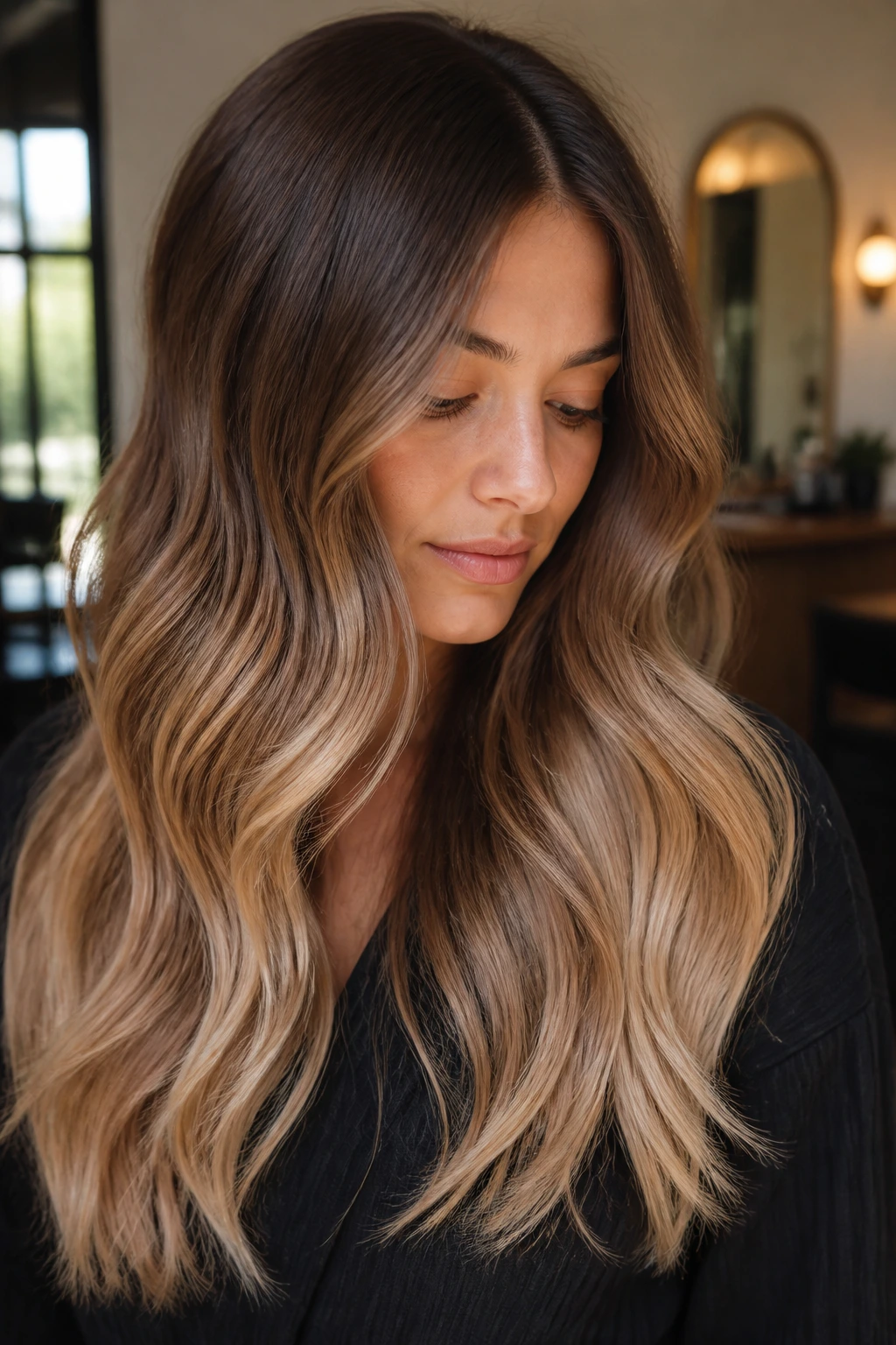 Long brown hair with caramel-to-beige color melt