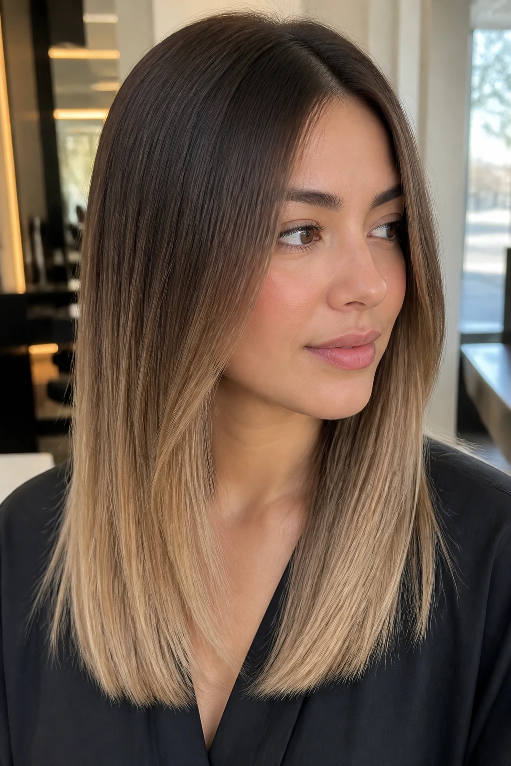 Close-up of straight hair with caramel beige ombré starting below the cheekbone