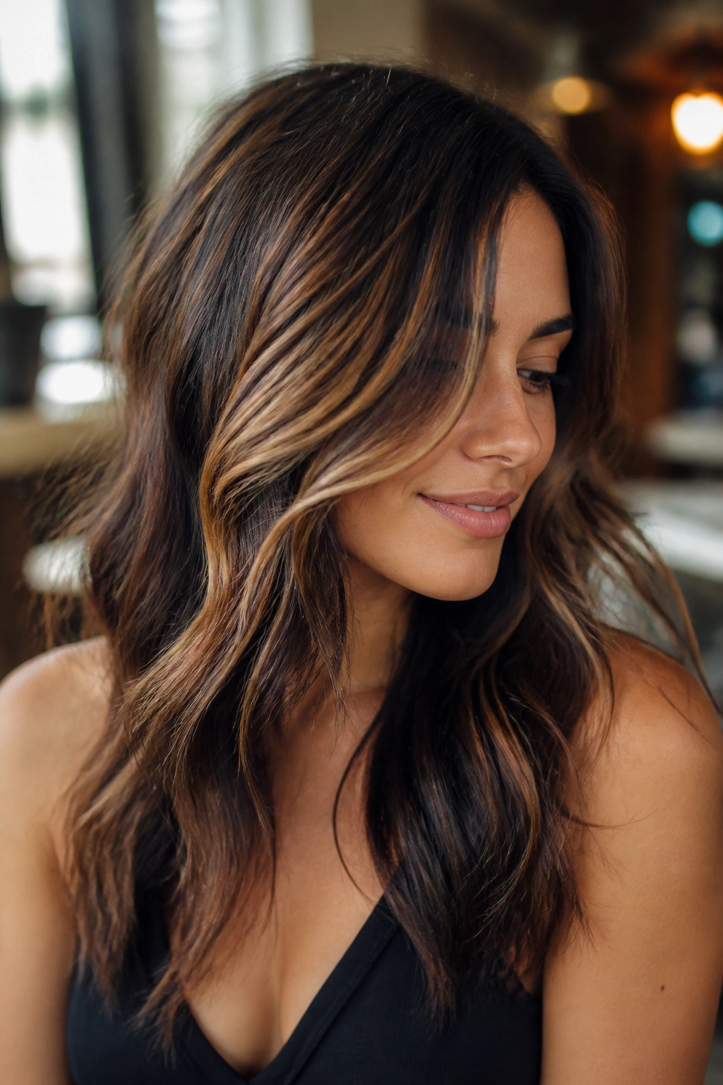 Close-up of caramel and black balayage creating contrast on layered brown hair.