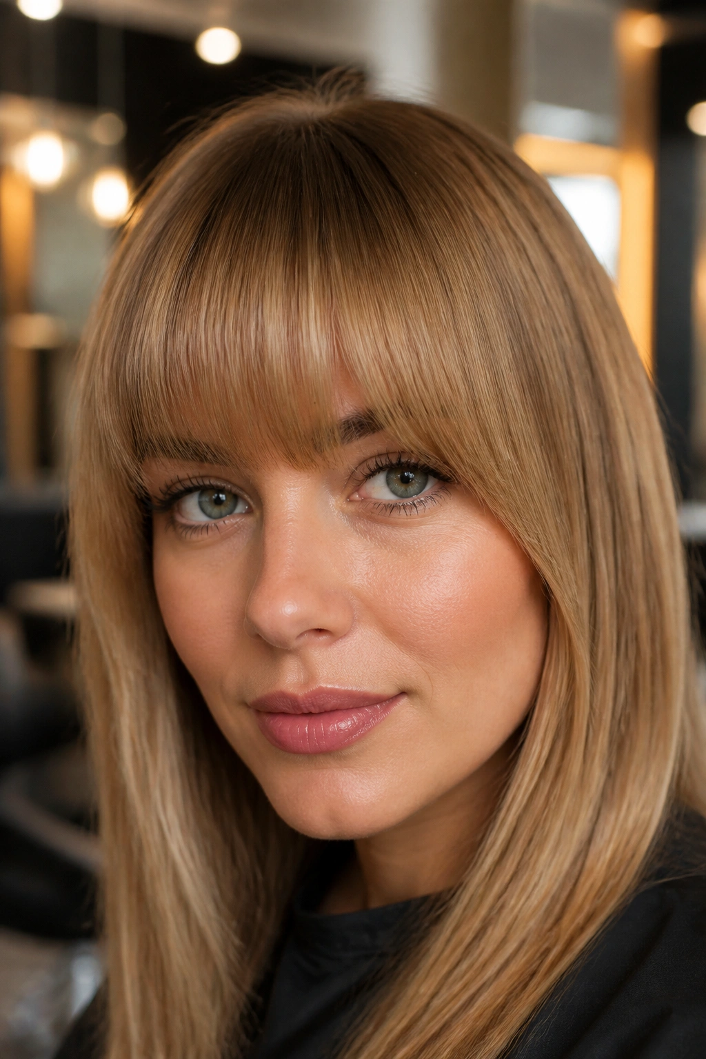 Portrait of a real woman with thick caramel blonde bangs and softened corners.
