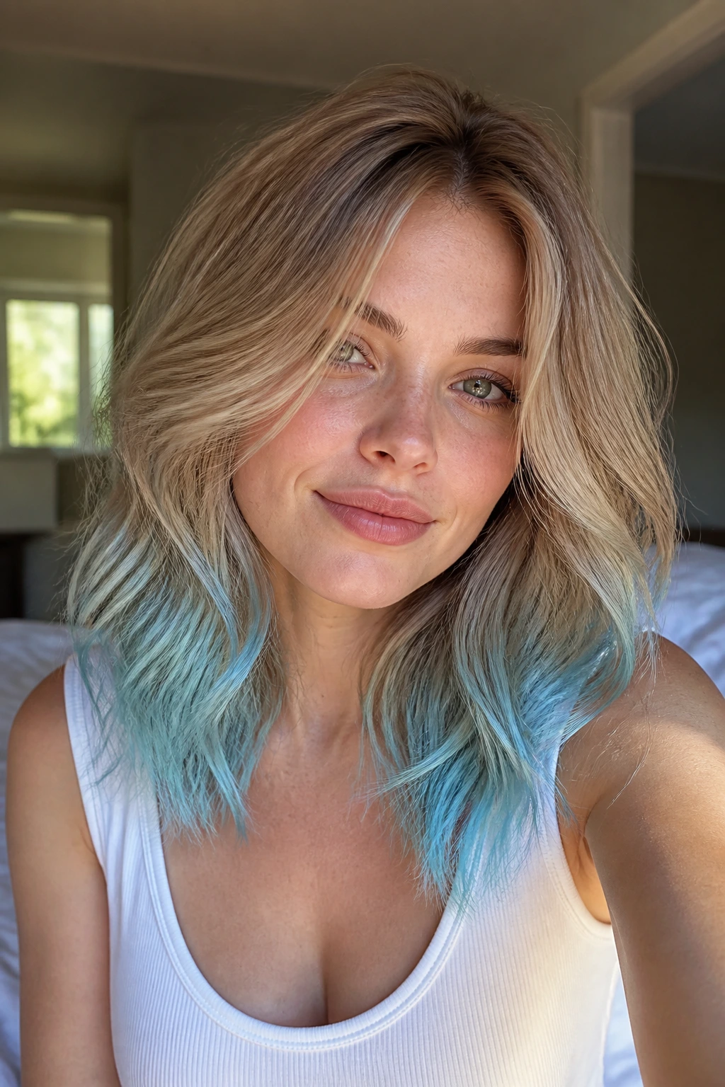 Close-up portrait of a real woman with soft caramel blonde and robin’s egg blue ends.