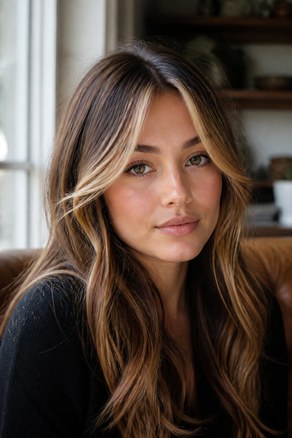 Real person with caramel blonde highlights around curtain bangs