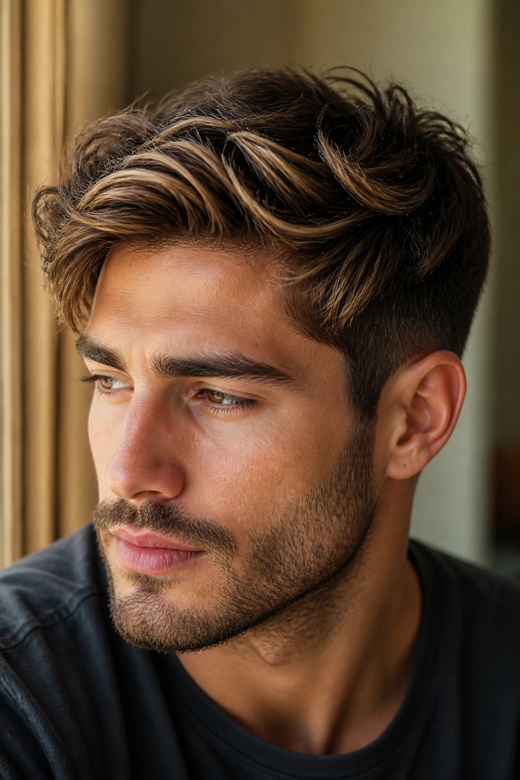 Close-up portrait of a man with dark hair featuring caramel blonde highlights in warm window light