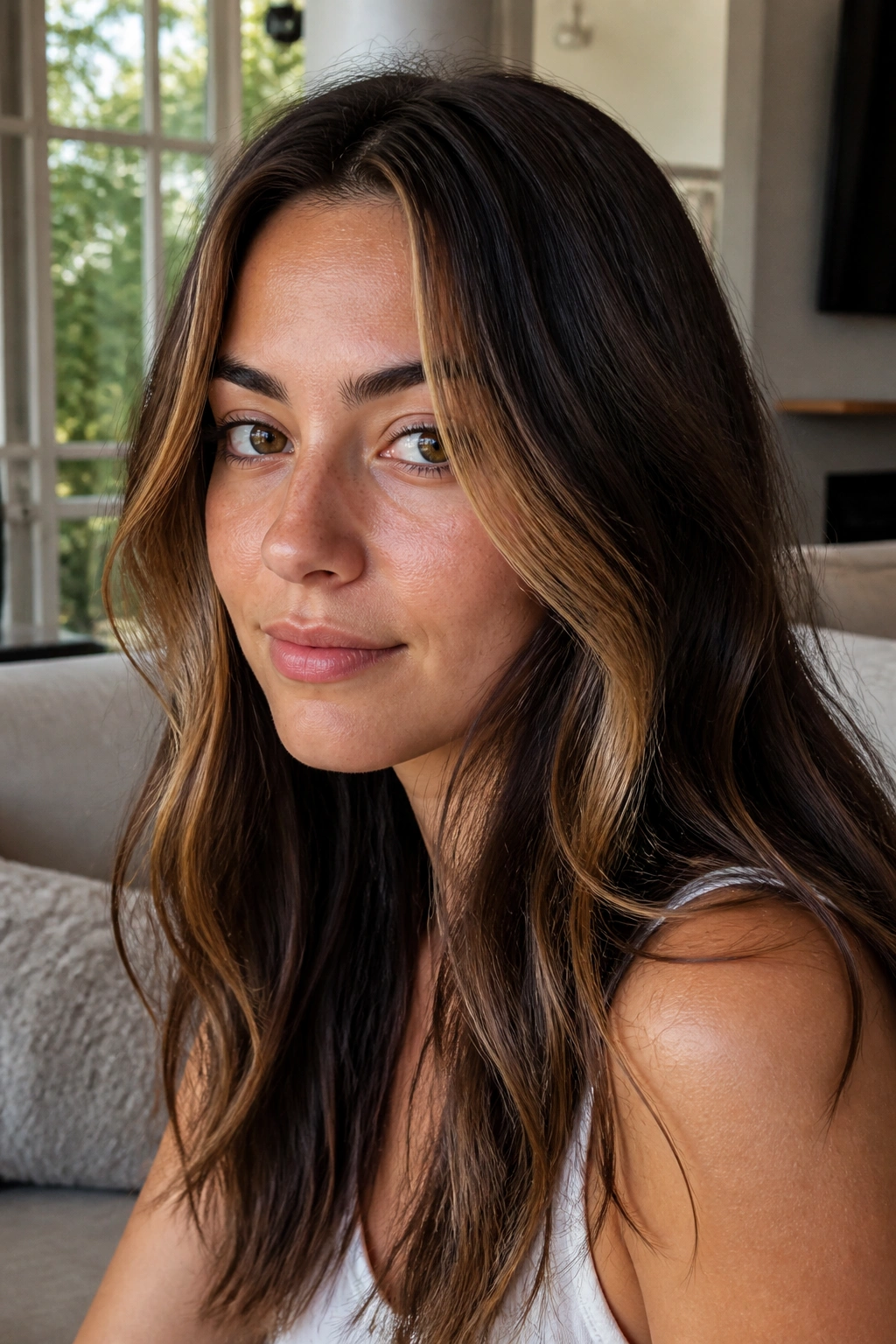 Close-up of a real woman with caramel blonde face-framing pieces on brown hair.
