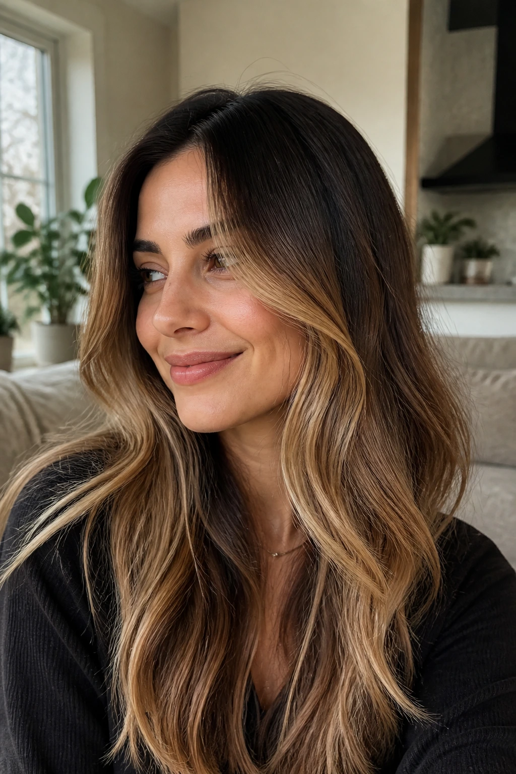 Close-up portrait of a real woman showing soft grown-out caramel blonde highlights blending into brown hair in a warm, natural setting
