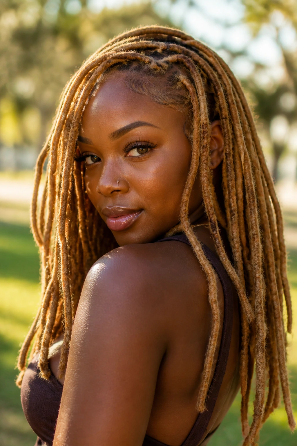 Close-up of a woman with caramel blonde locs on deep skin tone in sunlit outdoor setting