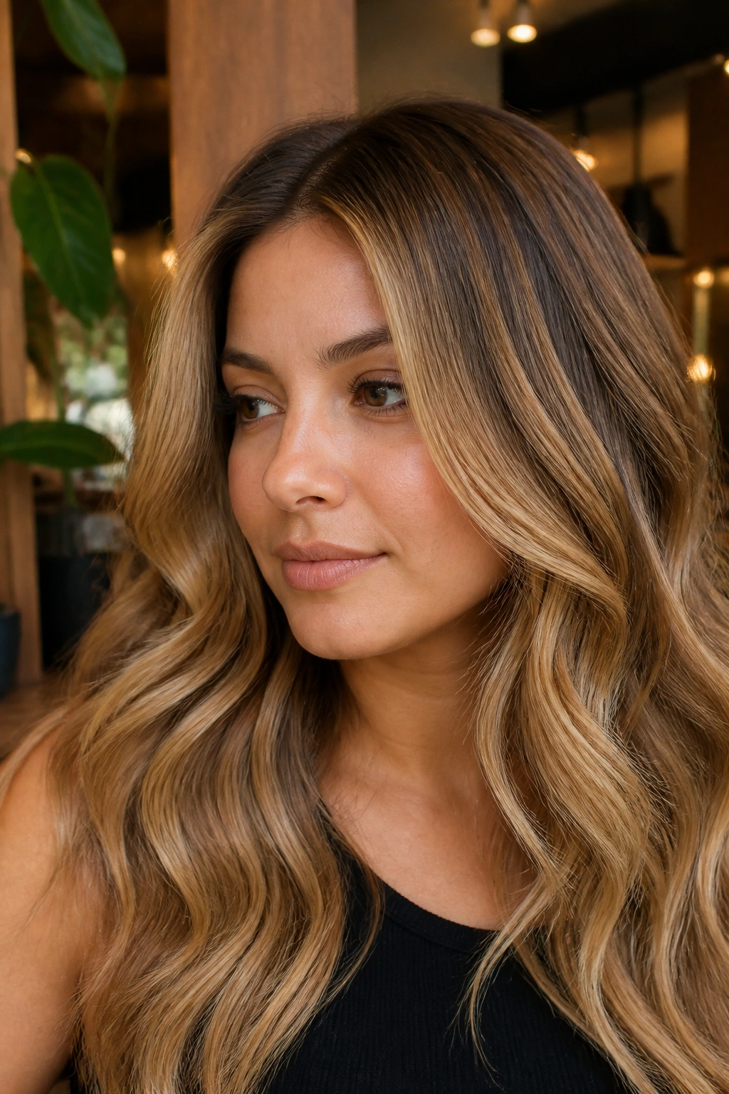 Close-up of a real woman showing caramel blonde ribbon highlights with darker roots