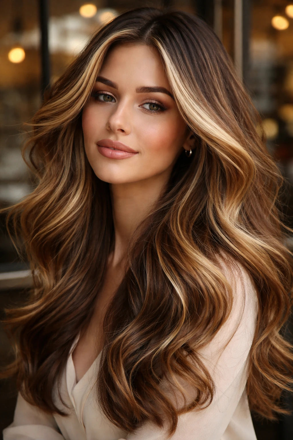 Close-up portrait of woman with caramel and blonde ribbon highlights in cafe window light