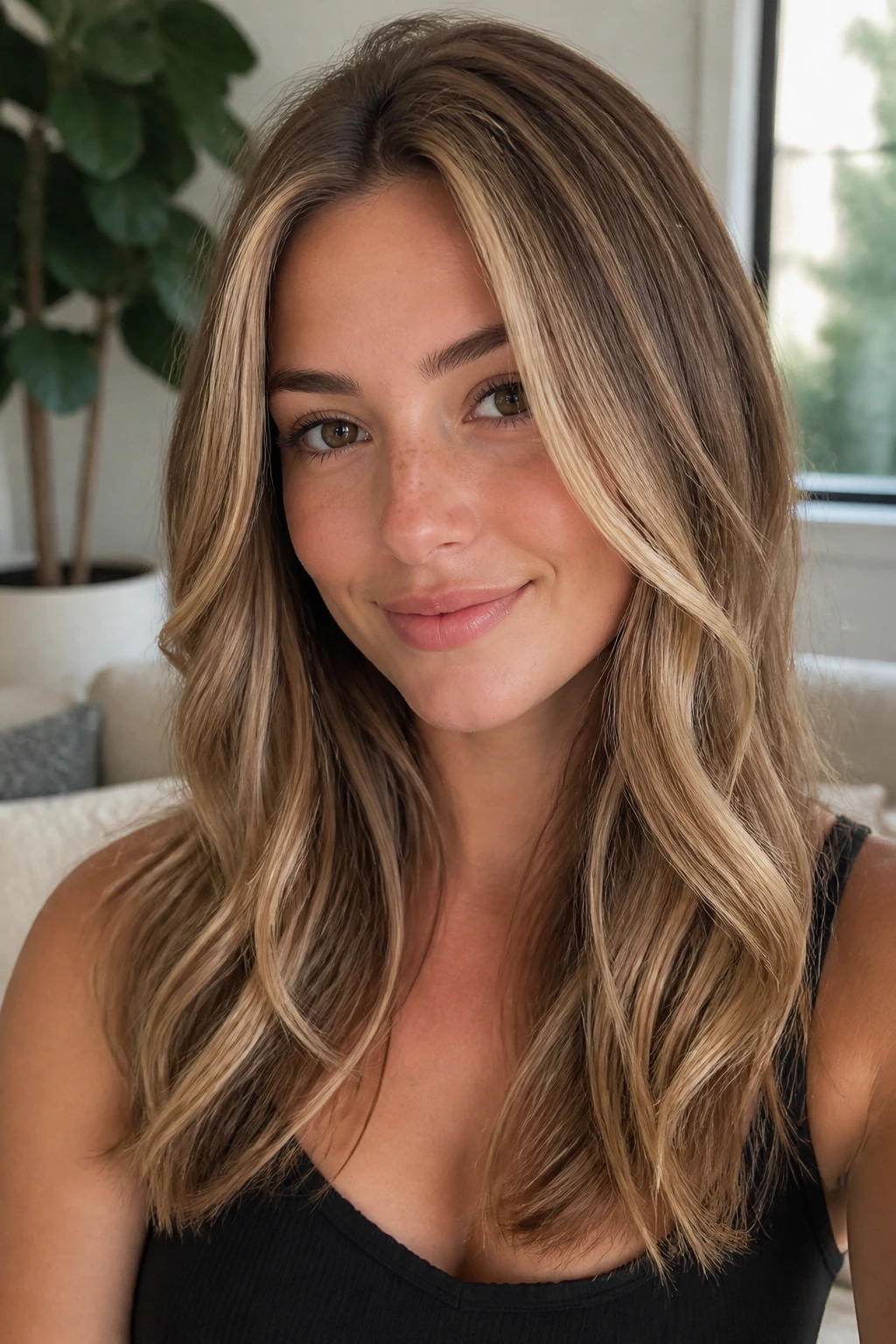 Close-up of a real woman with caramel blonde ribbon highlights framing the face