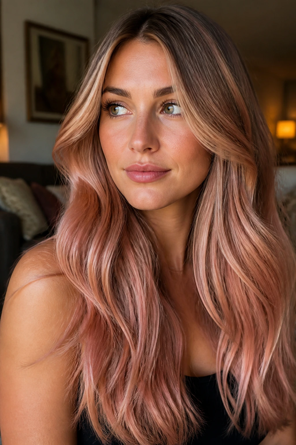 Close-up of a real woman with caramel blonde to rose gold lengths