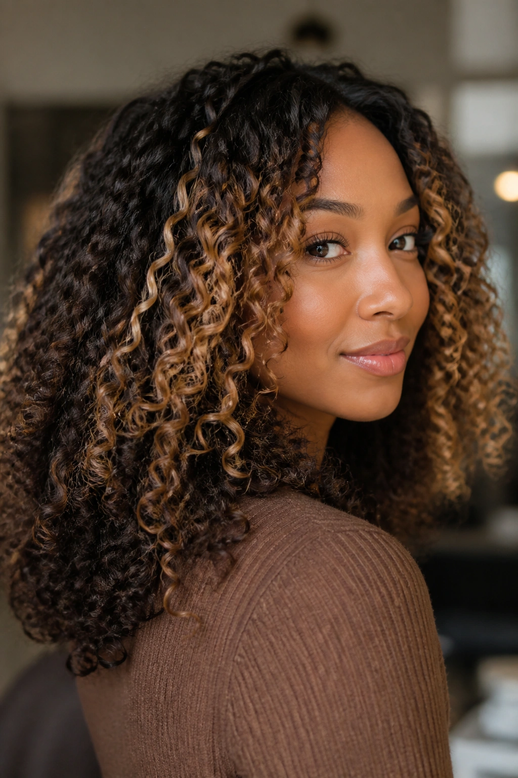 Portrait of a real woman with black curls and caramel-blonde slices through the curls.