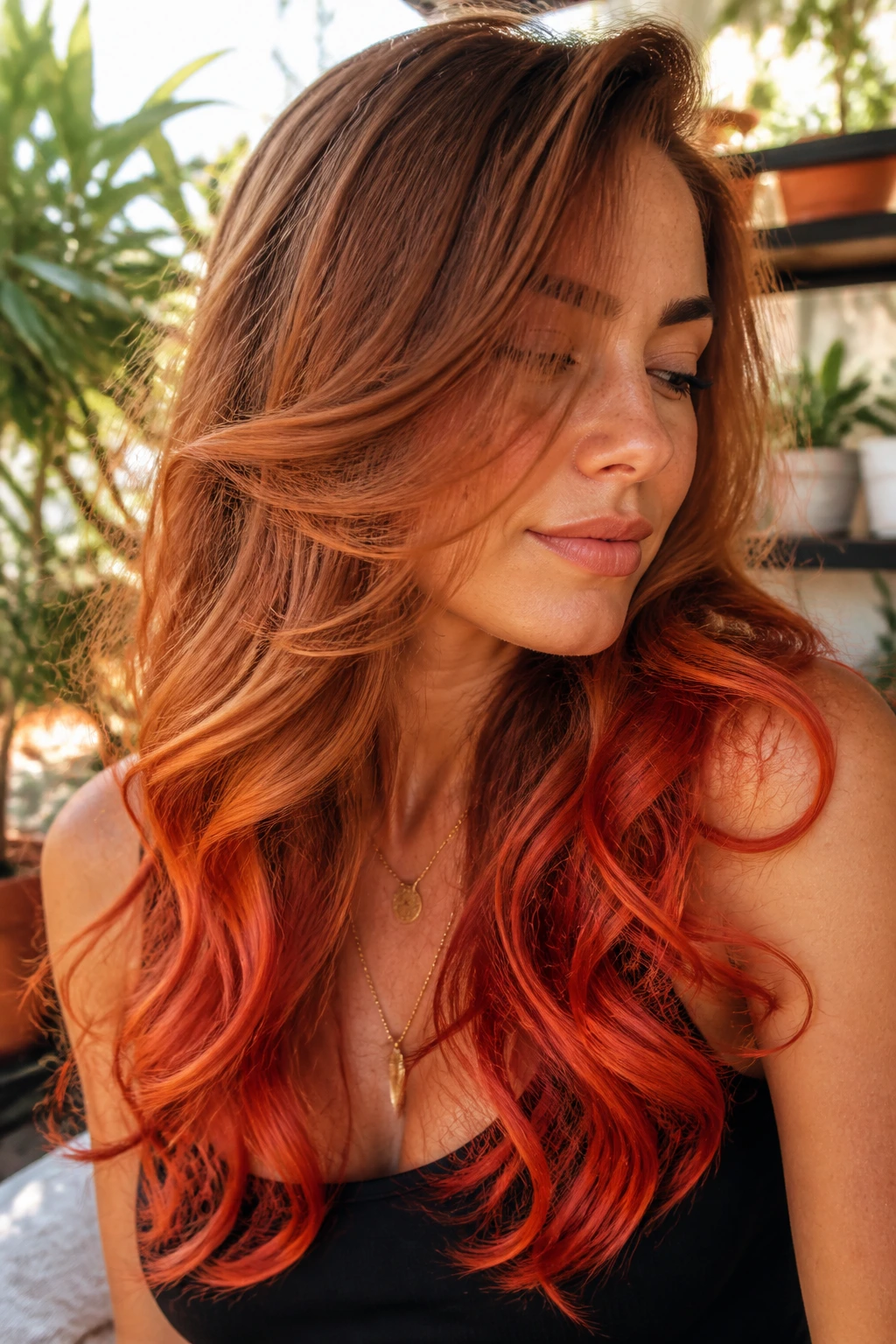 Close-up of long layered hair transitioning from caramel to blood orange on a real person
