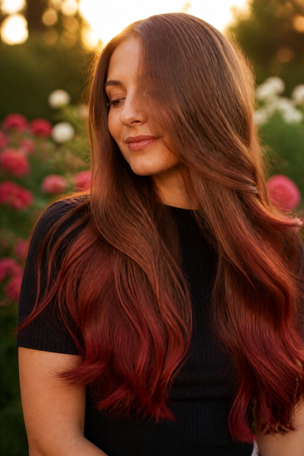Close-up portrait of a real woman with caramel brown to brick red ombre hair