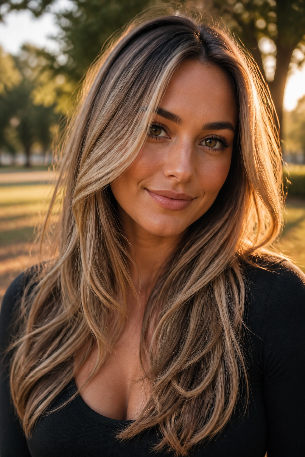 Close-up portrait of a real woman with caramel bronde hair and subtle blonde ribbons.