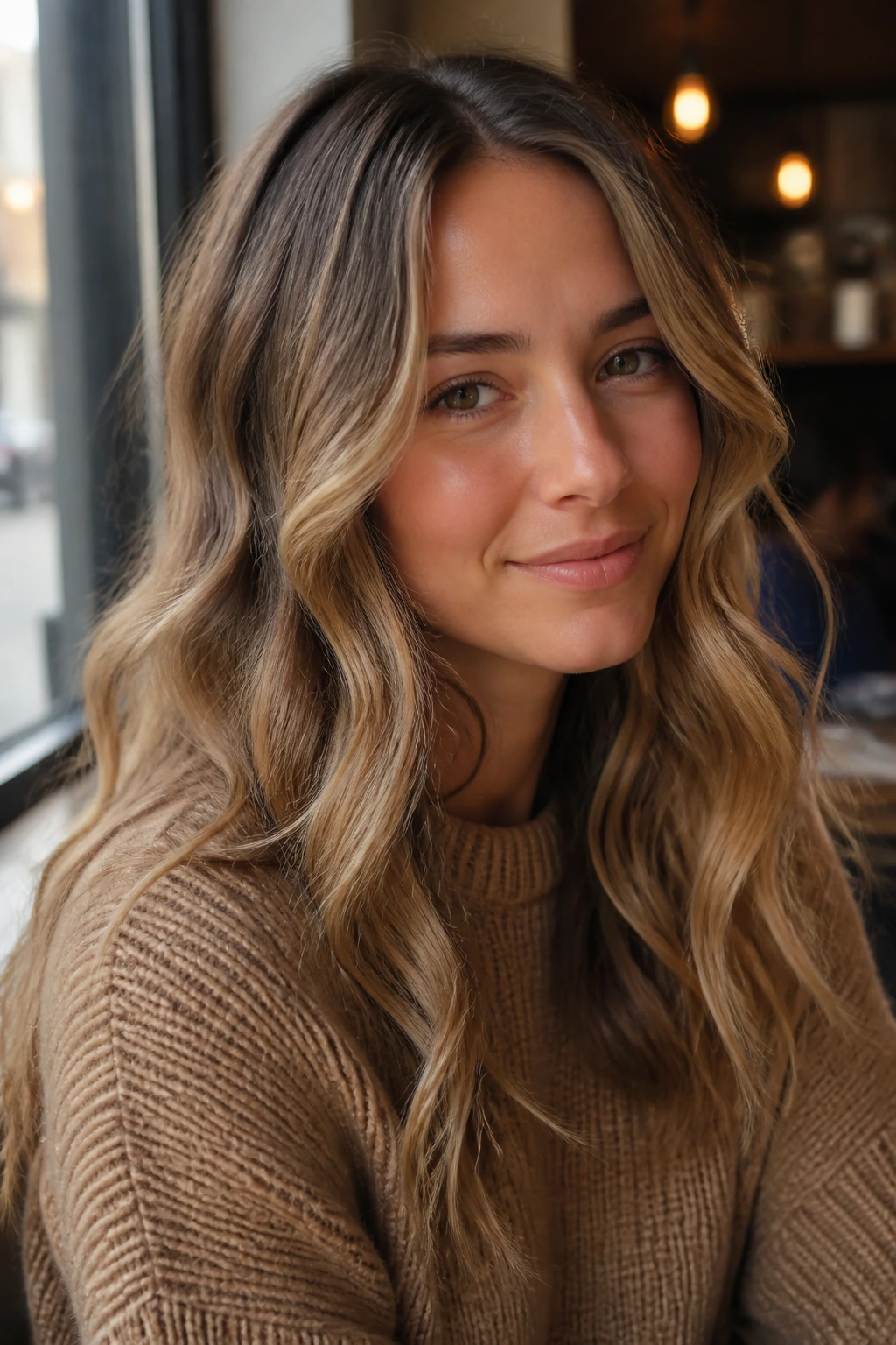Close-up of caramel bronde hair on a real woman in a cafe setting