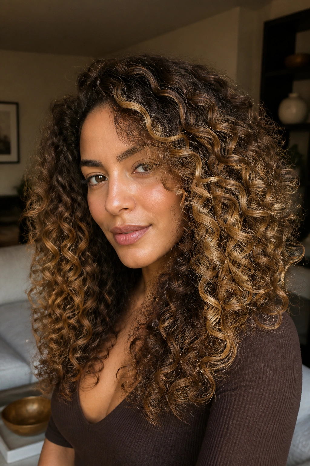 Close-up of thick curls with caramel bronde melt from roots to ends