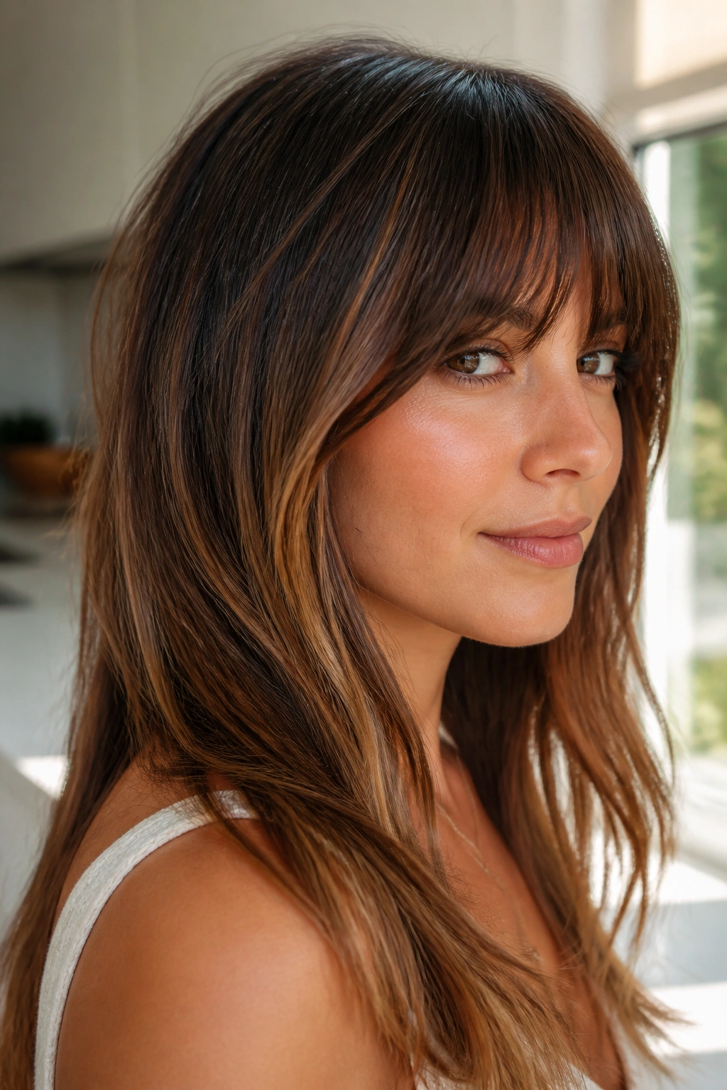Real woman with caramel-laced brown bangs and caramel highlights around the face.