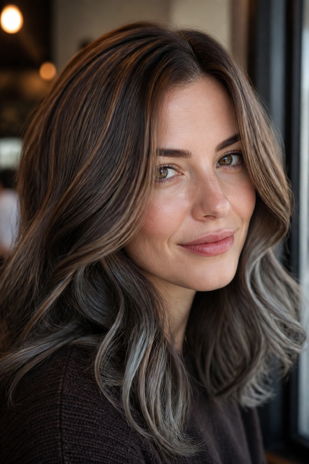 Caramel brown hair with blue ash tone on a real person