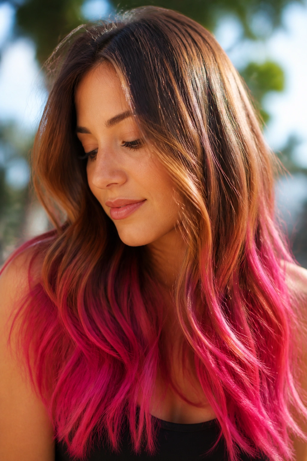 Close-up portrait of a real woman with caramel brown hair and fuchsia tips in sunlight