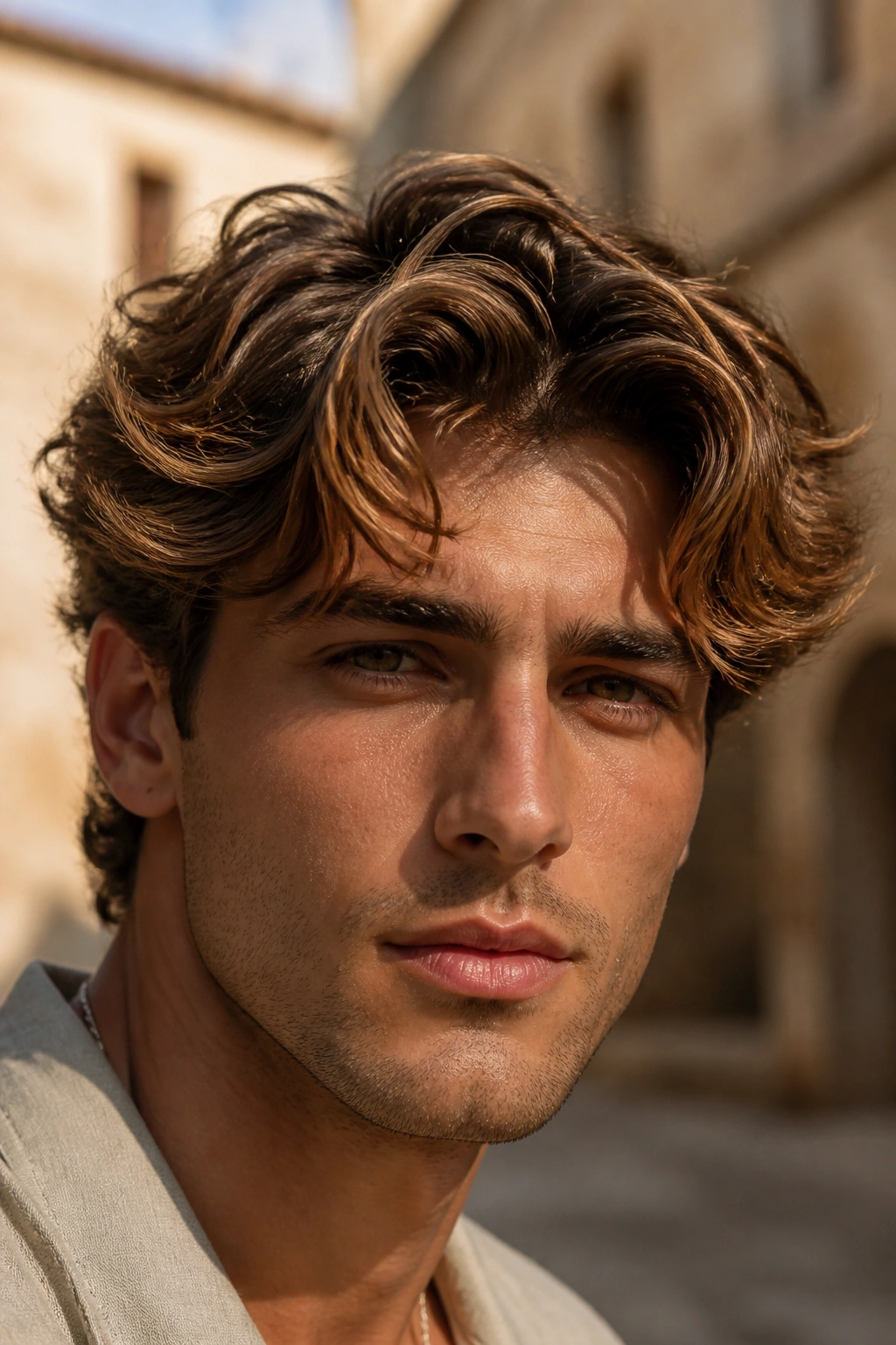 Portrait of a man with caramel brown hair in a sunlit courtyard