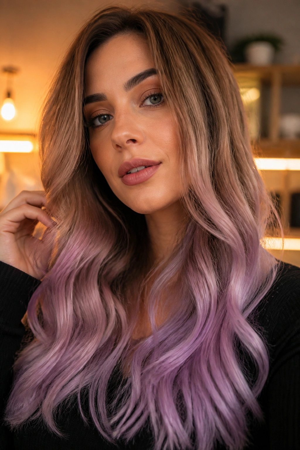 Close-up of caramel brown to lilac ends ombre on a real woman