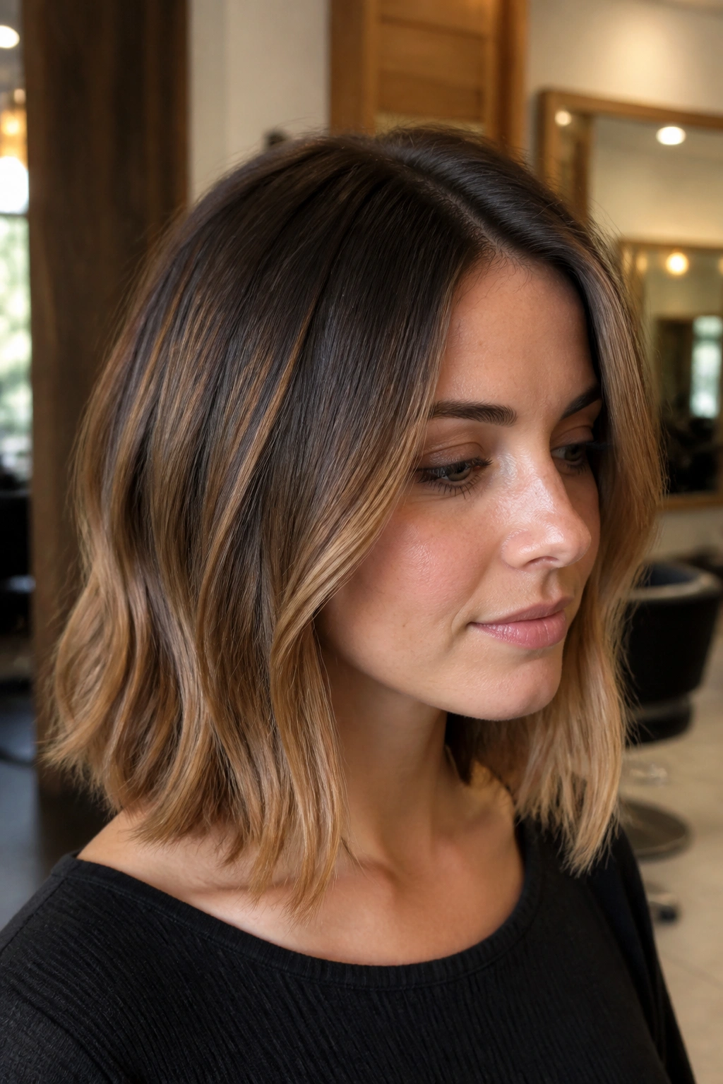 Close-up of a real woman with caramel brown lob and shadow root