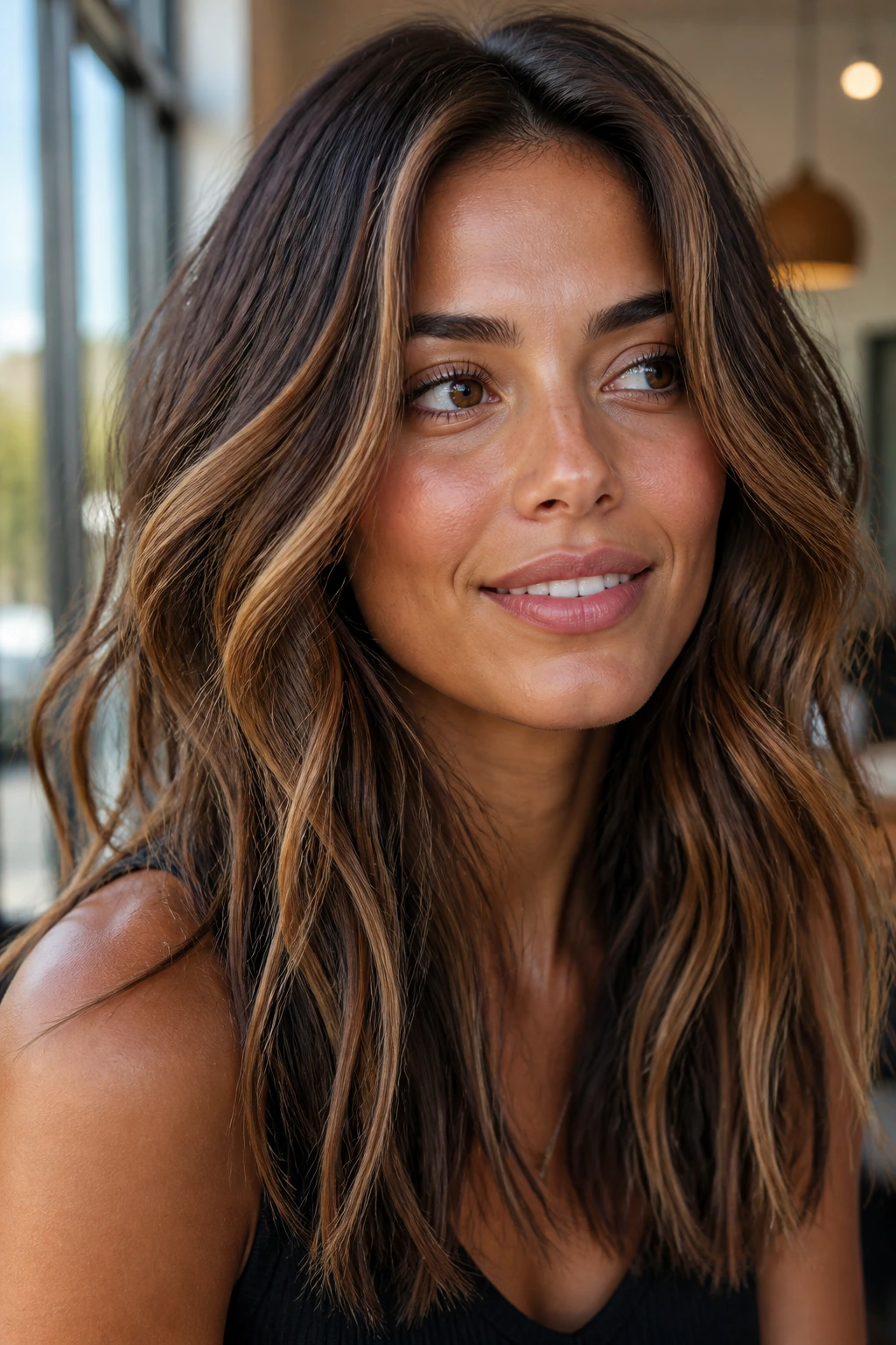 Brunette with caramel-brown lowlights woven through mid-lengths and around the face