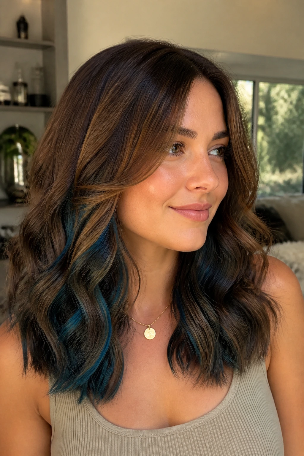 Close-up of caramel brown hair with peacock blue woven strands