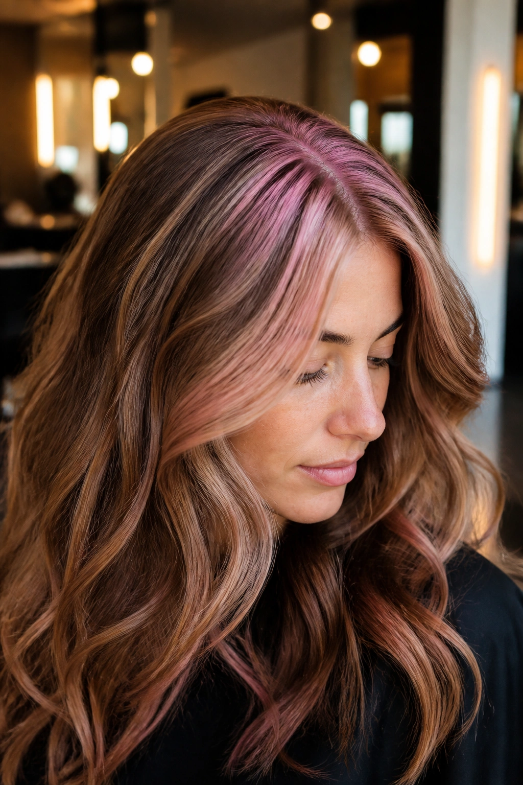 Close-up portrait of a real woman with caramel brown hair and pink crown lights at the crown, warm salon lighting.