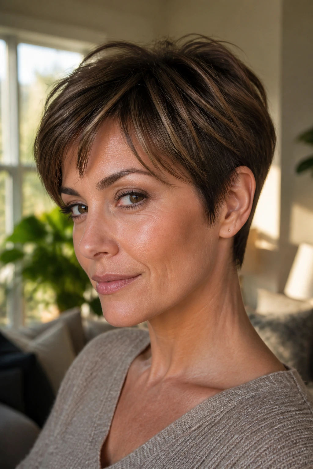 Close-up portrait of a real woman with caramel-dimension brunette pixie, highlighted face-framing strands.