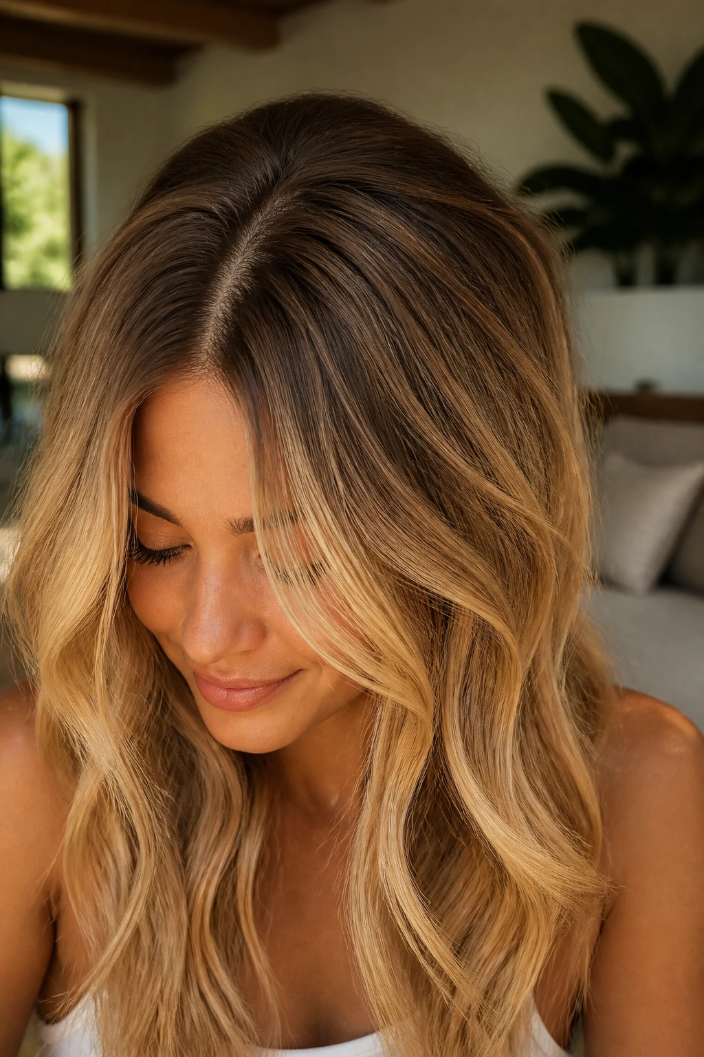 Close-up of caramel brunette root blending into honey-blonde ends on a real person