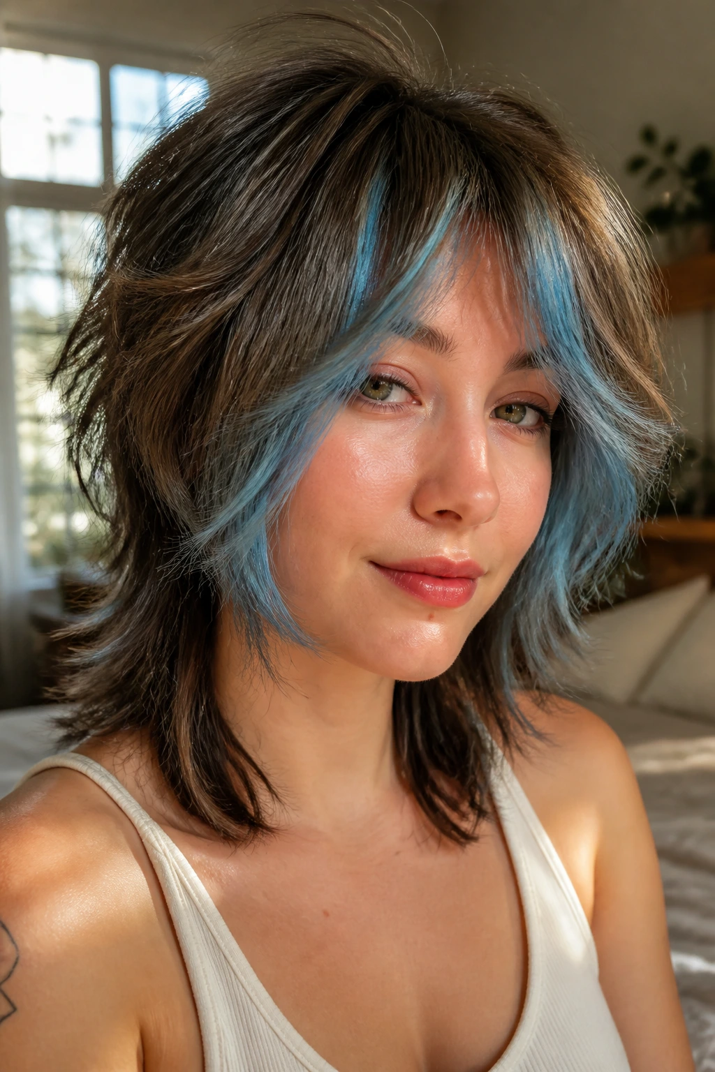Close-up of a real woman with caramel brunette shag and sky blue face pieces filling the frame