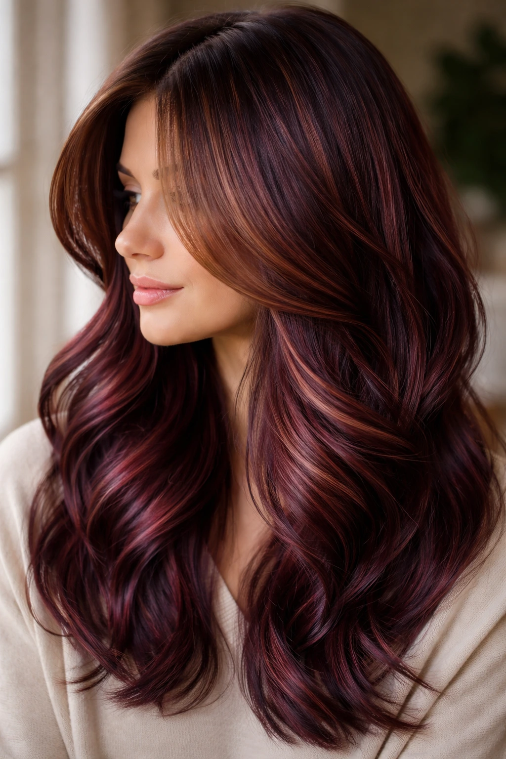Close-up of caramel brown base with burgundy depth in hair