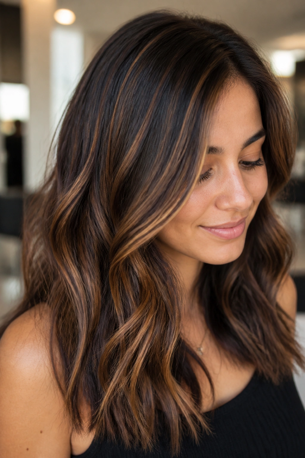 Close-up portrait of brunette with caramel and chocolate ribbon highlights weaving through hair