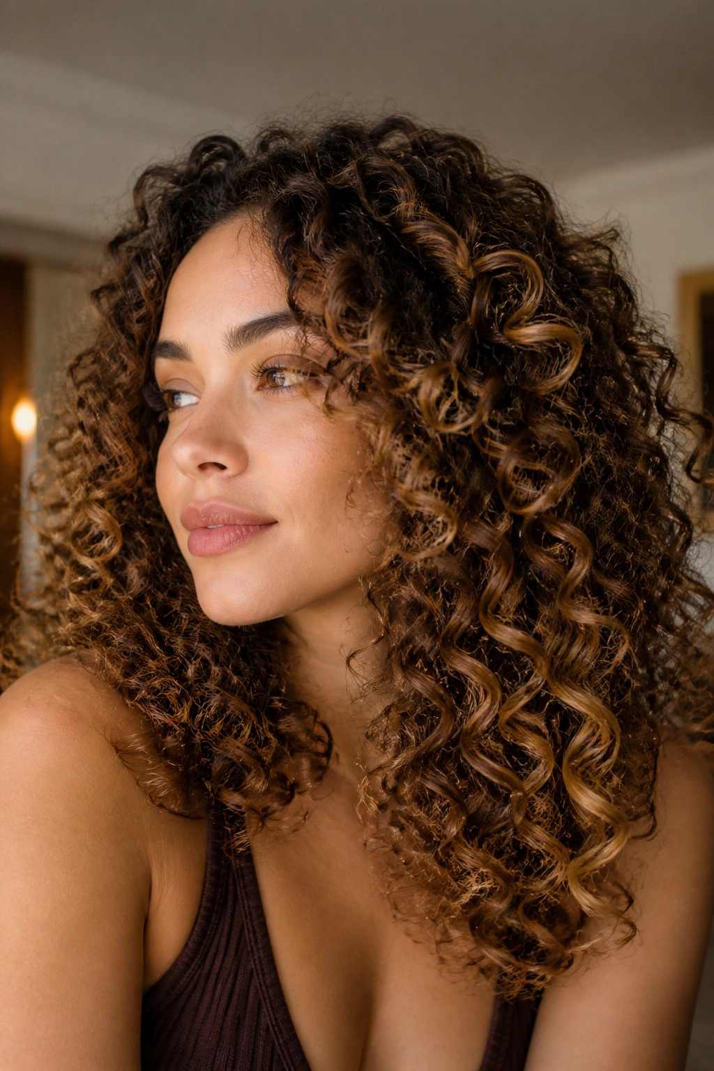Close-up of caramel highlights on curly brown hair along outer curls