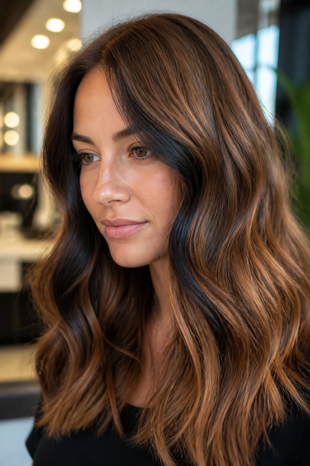 Close-up of caramel brown hair with black contour pieces framing the face on a real person