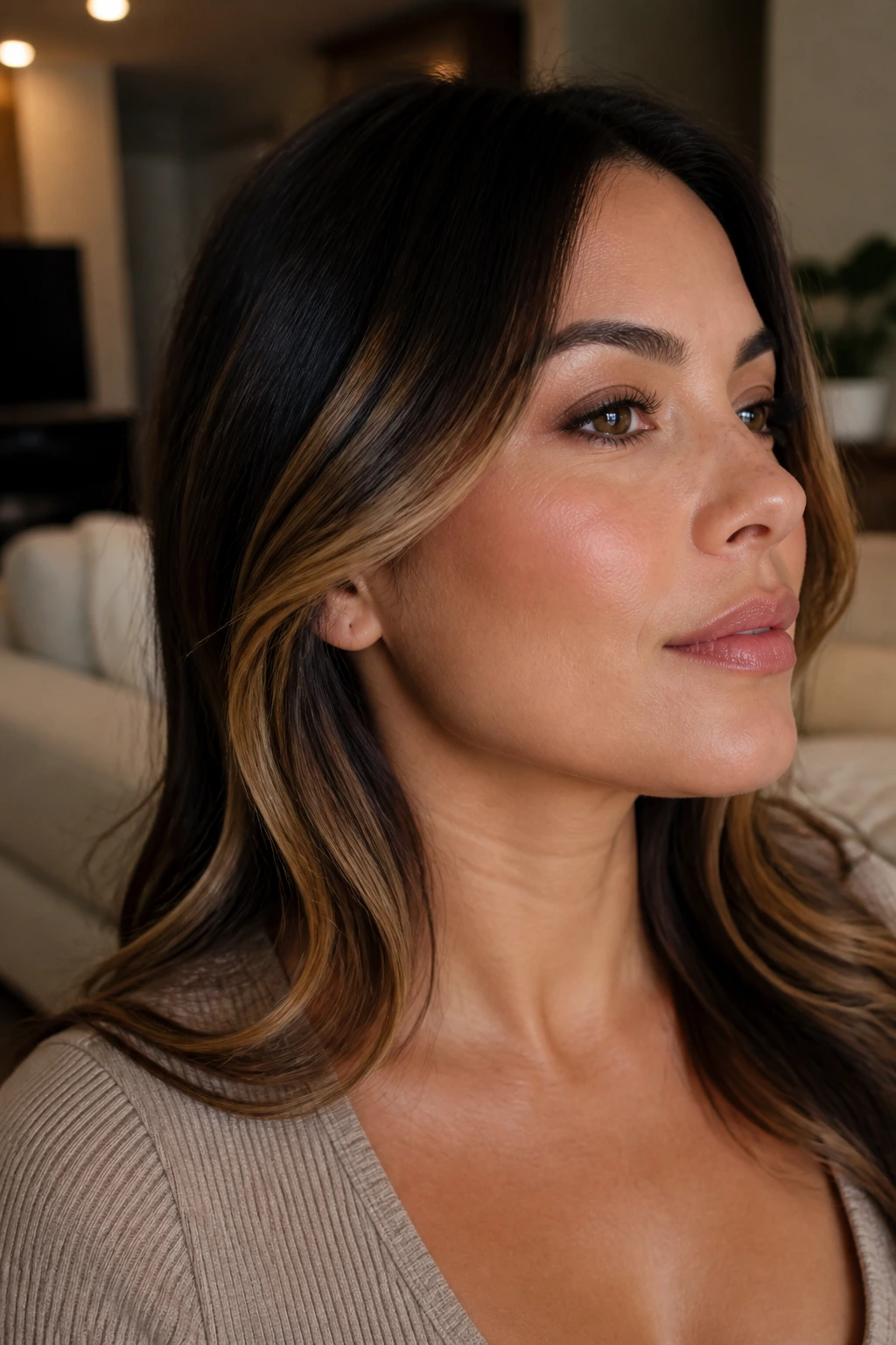 Caramel contour highlights along jawline on a real person