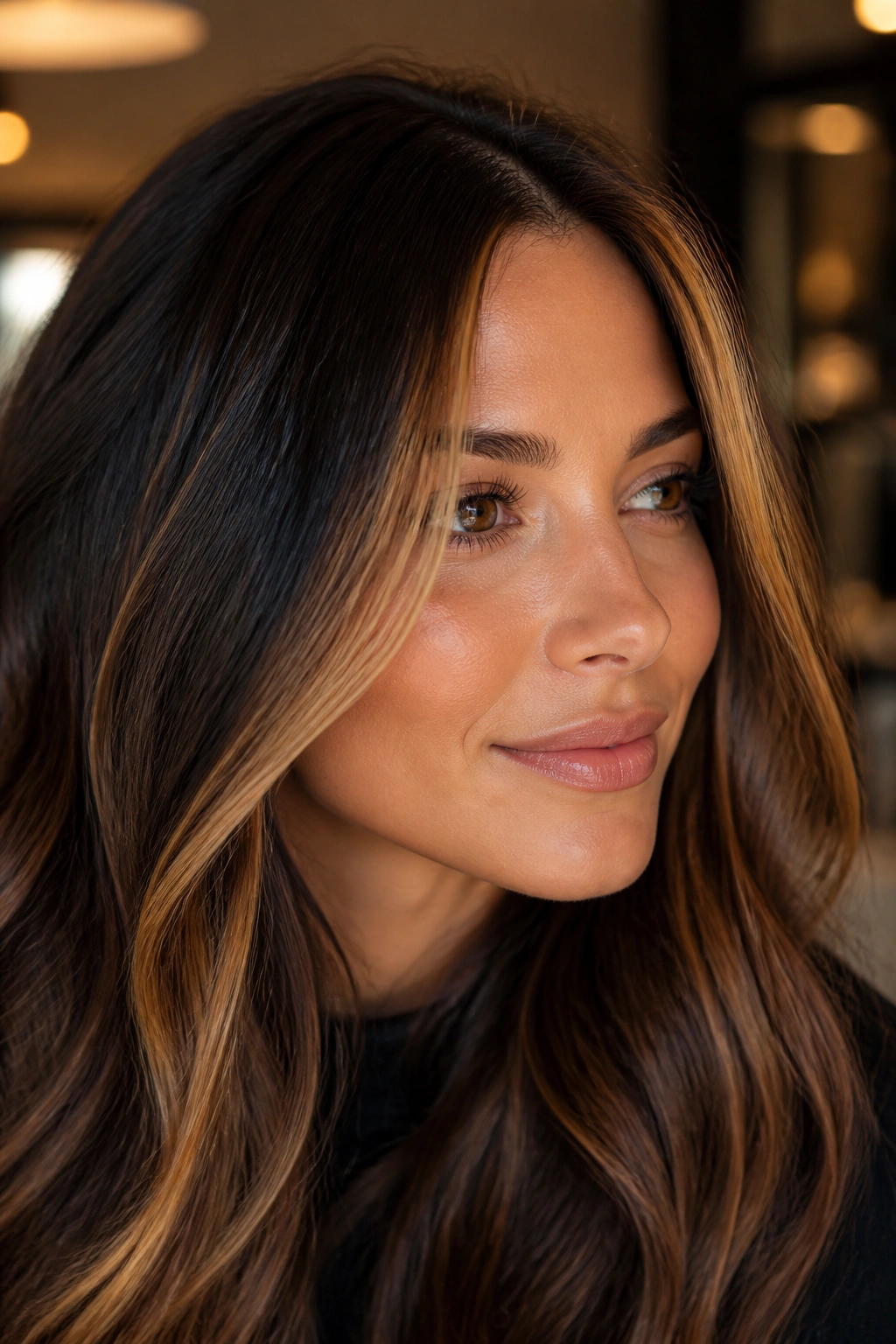 Face-framing caramel contour highlights on a brunette