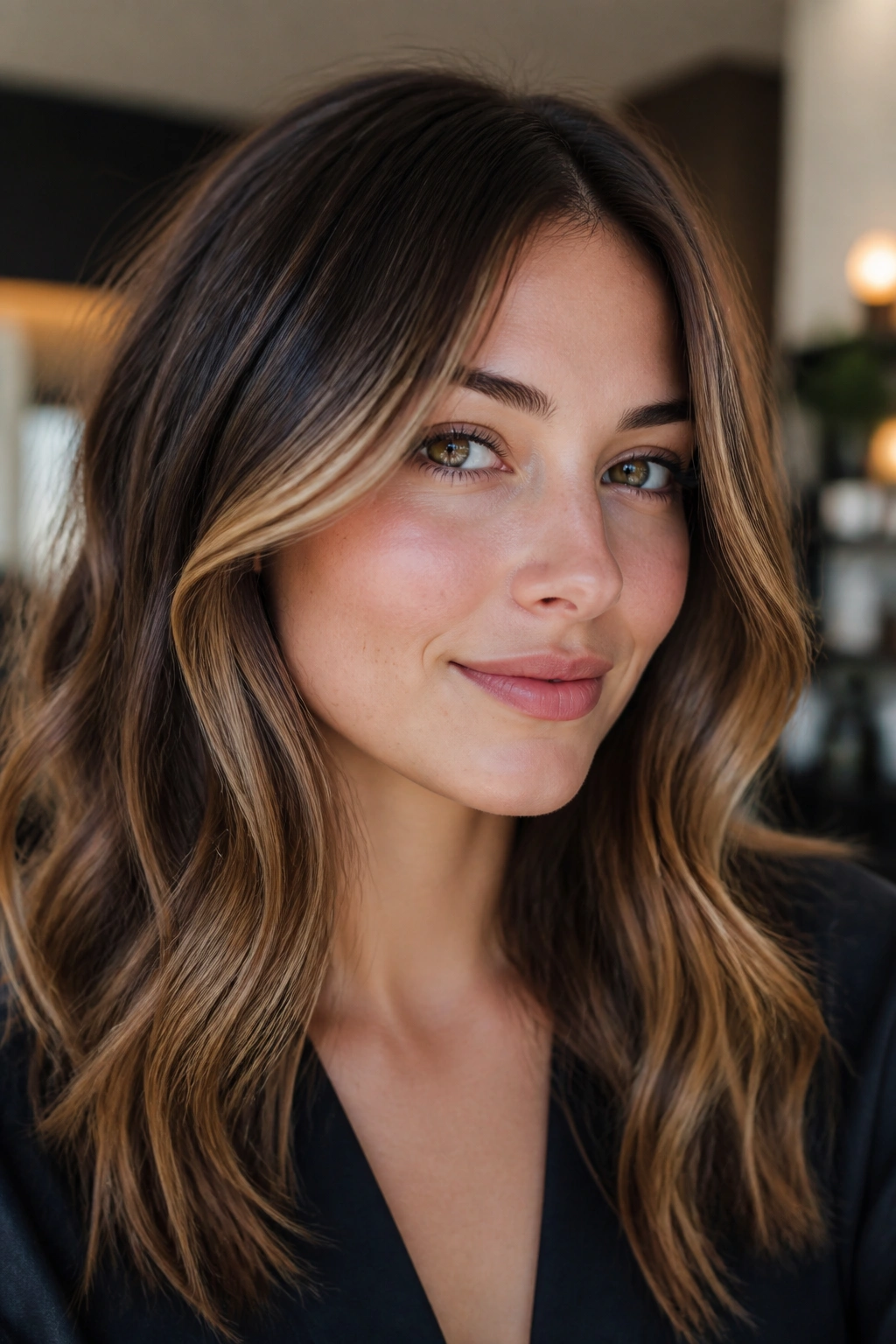 Face-framing caramel contour highlights at temples and cheeks