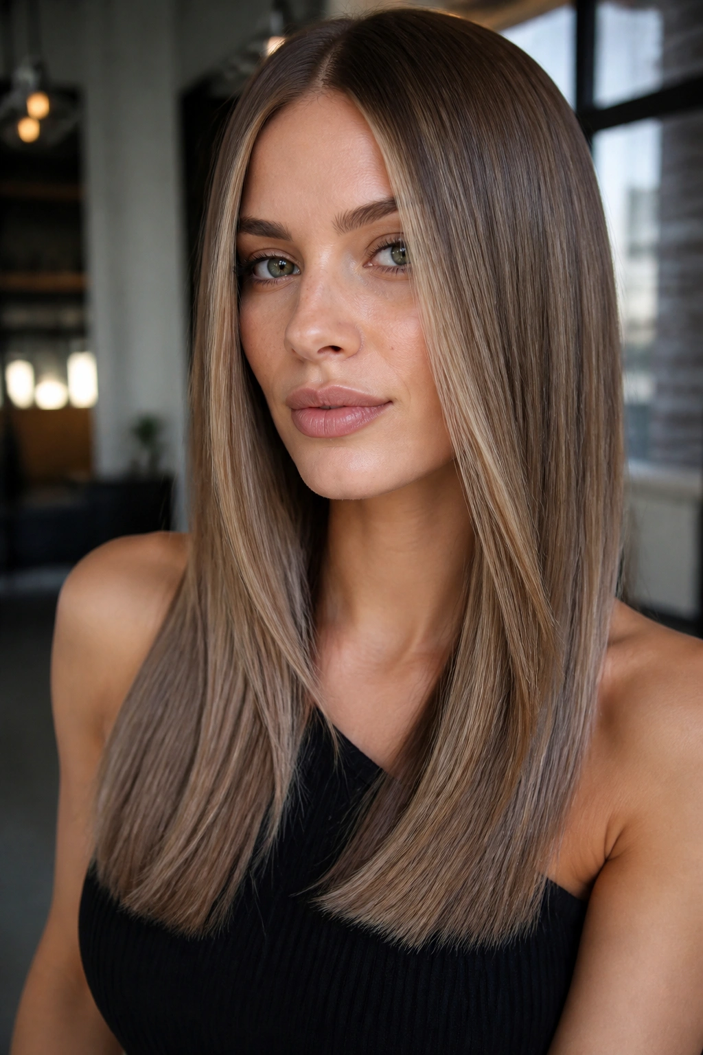 Close-up of real woman with straight hair showing caramel contour front pieces