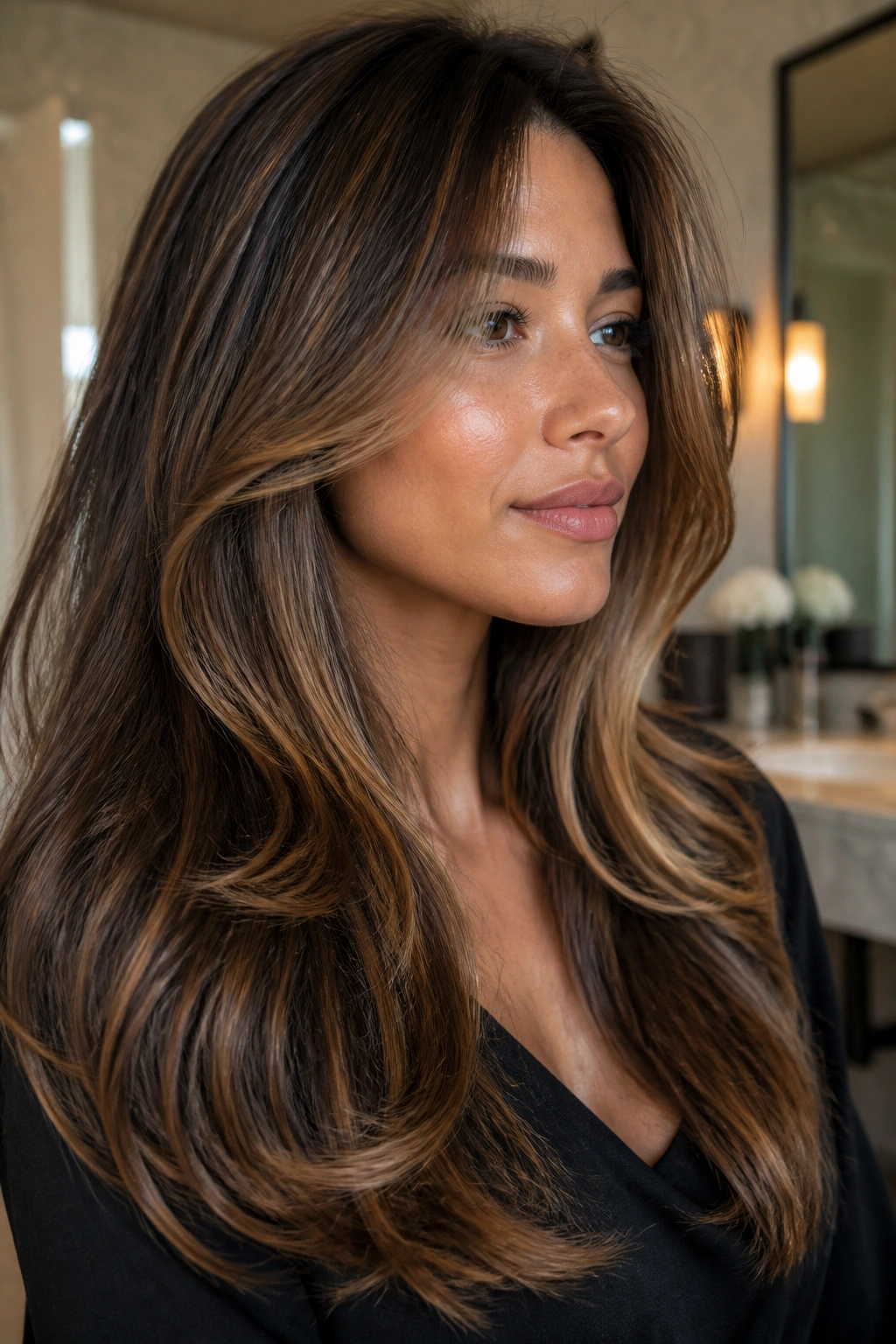 Close-up of long layered hair with caramel contouring shaping the face on a real person.