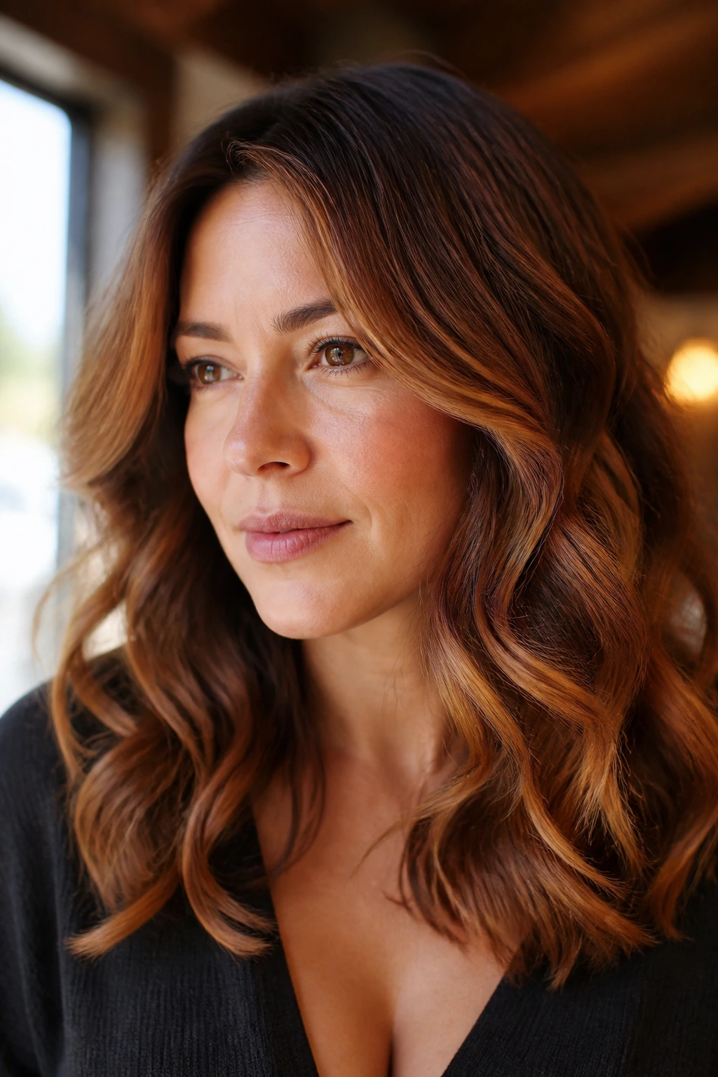 Close-up portrait of a real woman with caramel-copper balayage on warm brunette hair