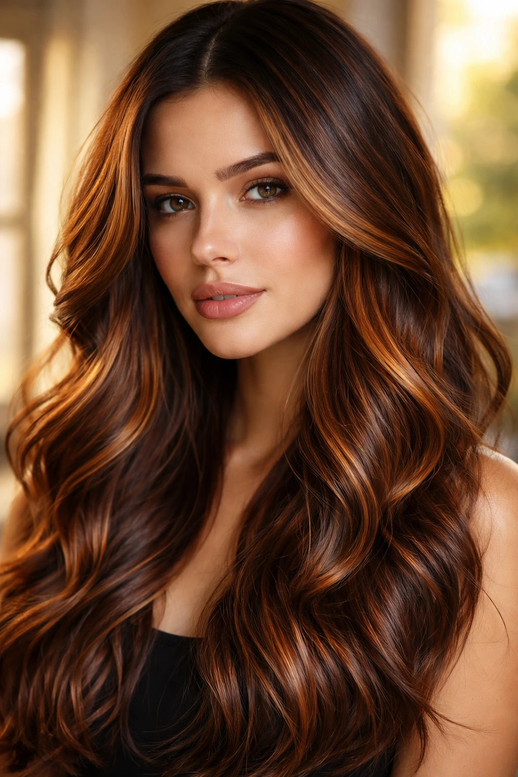 Brunette with caramel and copper blend, warm highlights