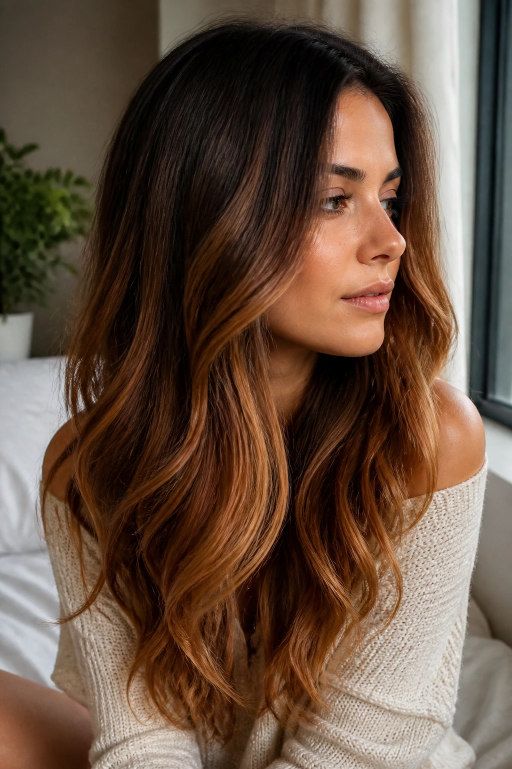 Close-up of a real woman with caramel-copper gradient on long brown hair.