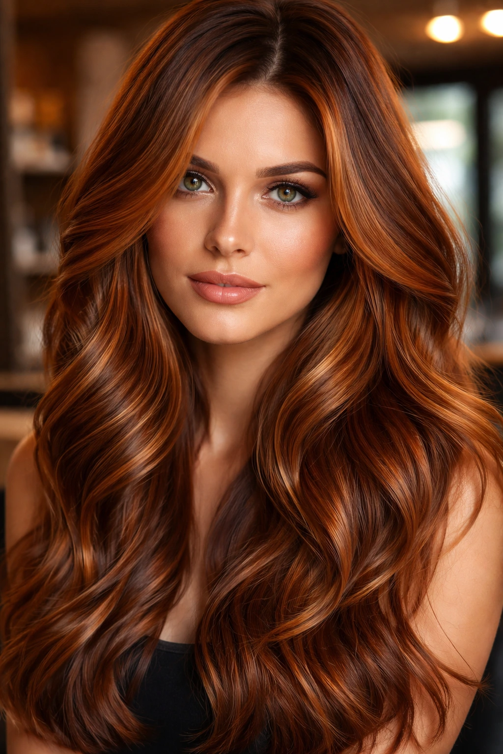 Close-up portrait of a real person showing caramel-copper hair highlights in warm salon light