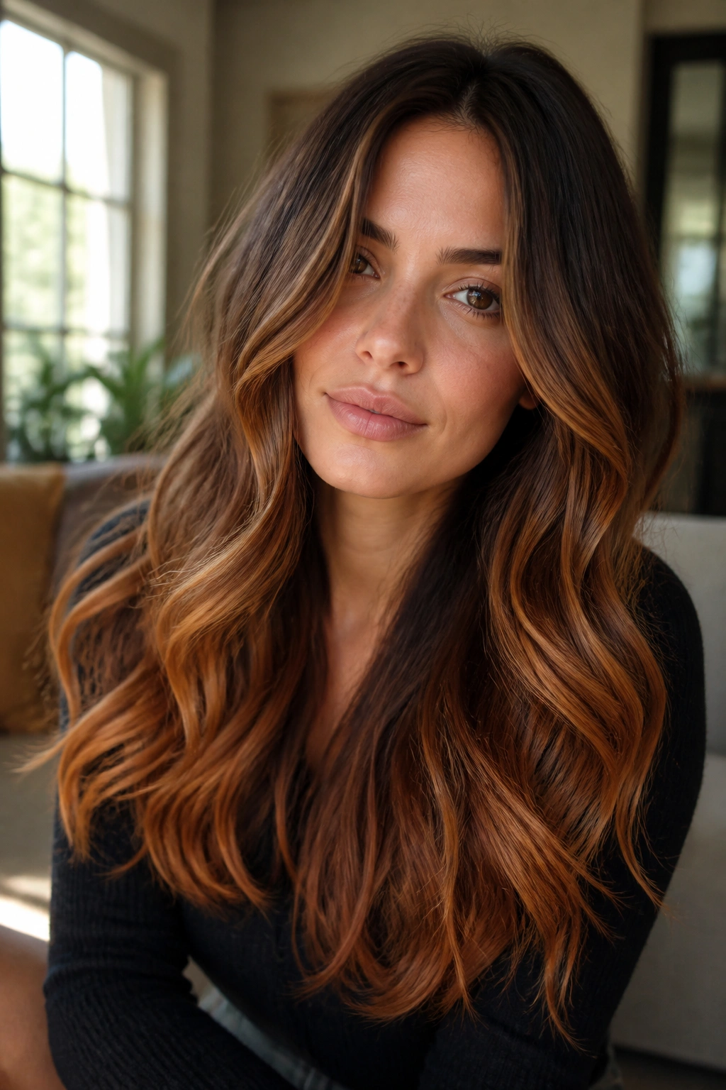 Close-up of a real woman with caramel-copper ombre on long layered brown hair in warm window light